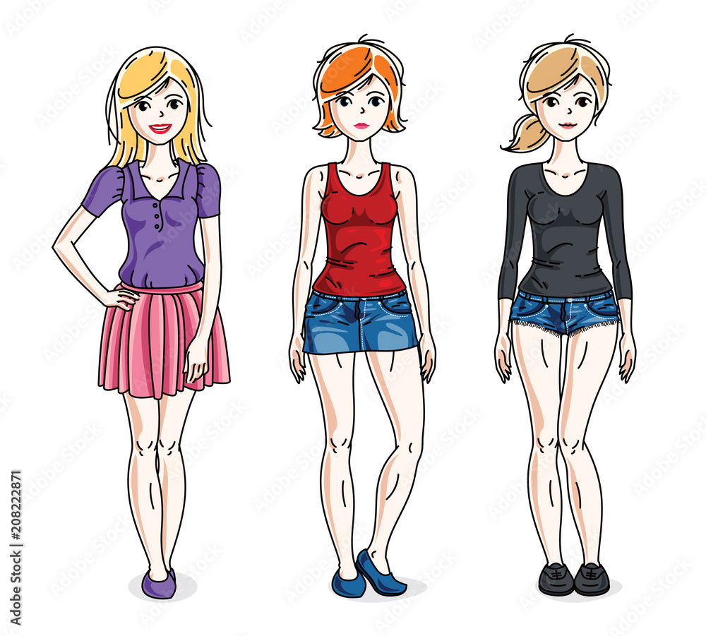 Attractive young adult girls standing wearing casual clothes. Vector people illustrations set. Fashion and lifestyle theme cartoons. Attractive young adult girls standing wearing casual clothes. Vector people illustrations set. Fashion and lifestyle theme cartoons.