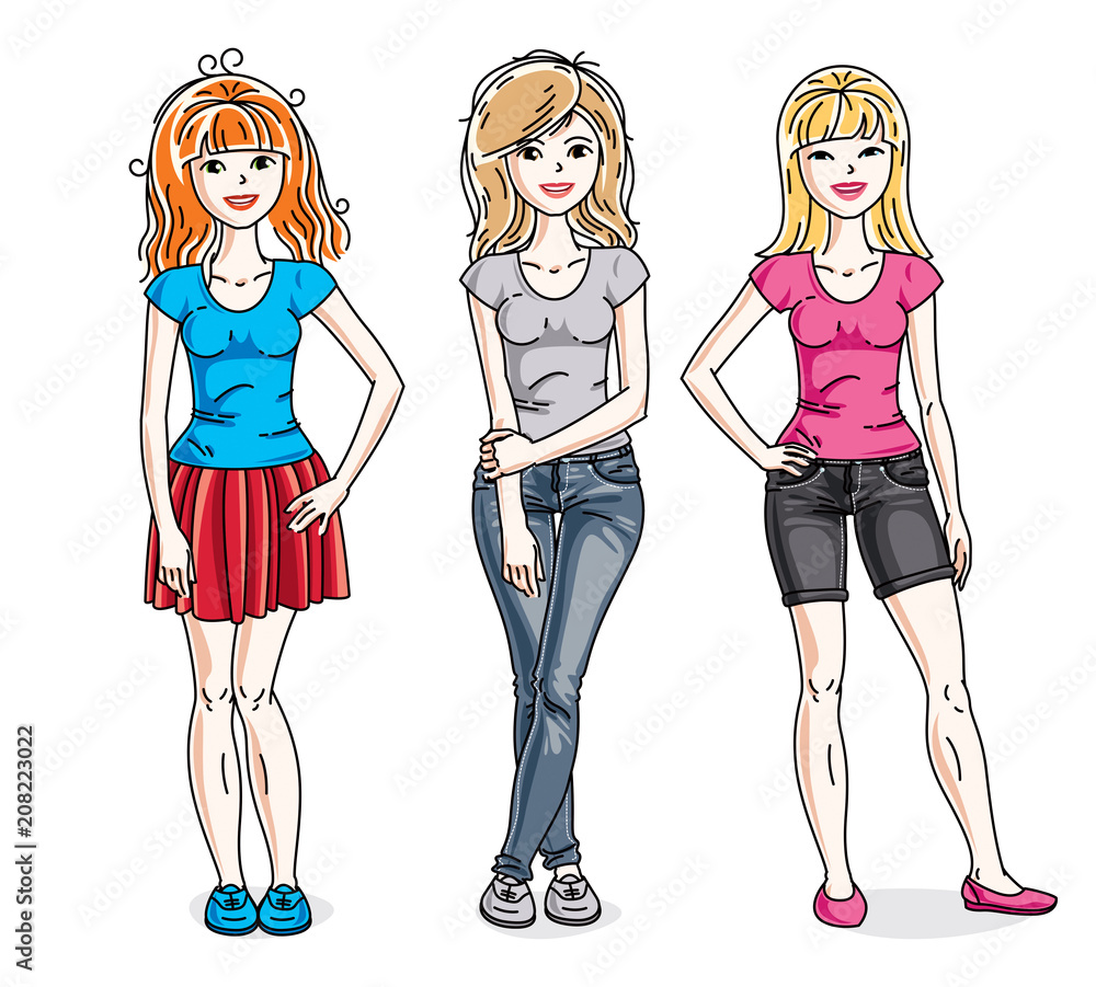 Attractive young adult girls standing in stylish casual clothes. Vector people illustrations set.