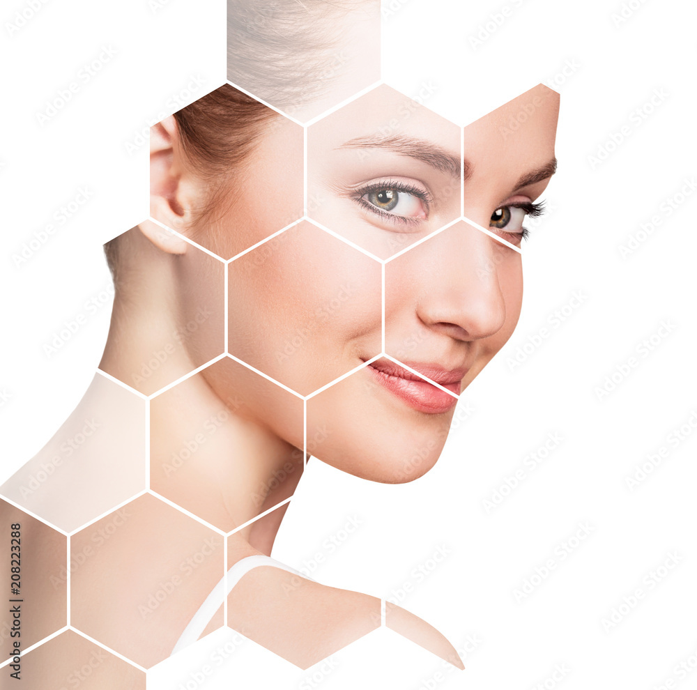 Beautiful female face in honeycombs. Spa concept. - obrazy, fototapety, plakaty 