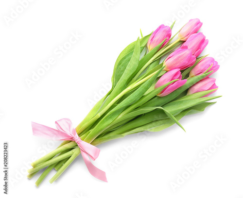 Bouquet of beautiful tulips on white background