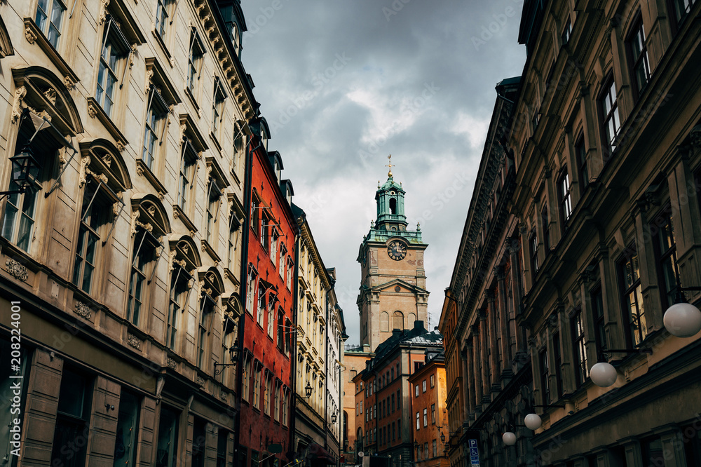 urban scene with narrow street in Stockholm, Sweden