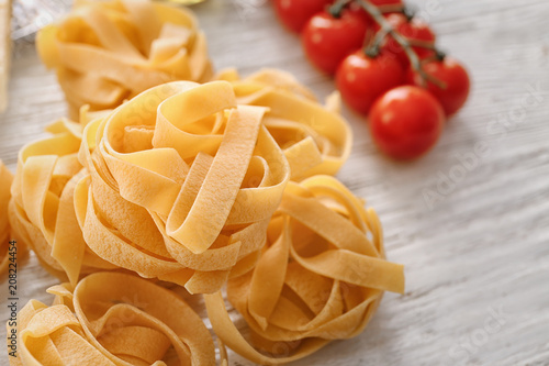 Uncooked pasta on kitchen table