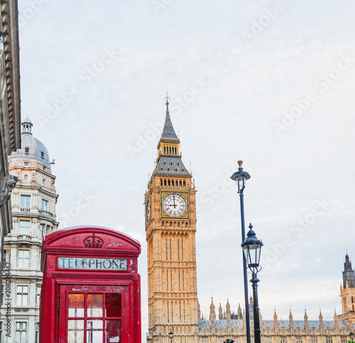 Central London, England with famous landmark sights Big Ben and parliament in Westminster