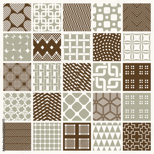 Vector graphic vintage textures created with squares, rhombuses and other geometric shapes. Seamless patterns collection best for use in textiles design.