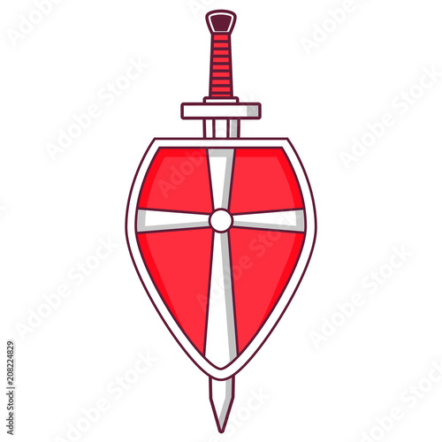 Ancient weapon and protective equipment. Scandinavian medieval shield sword. An icon for the website. Crusader's board.Military equipment of soldiers. Concept design tattoo. Flat vector.