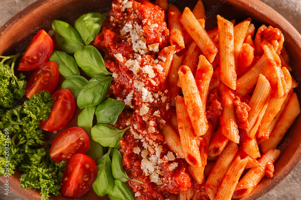 Plate of tasty pasta with bolognese sauce, closeup Plate of tasty pasta with bolognese sauce, closeup