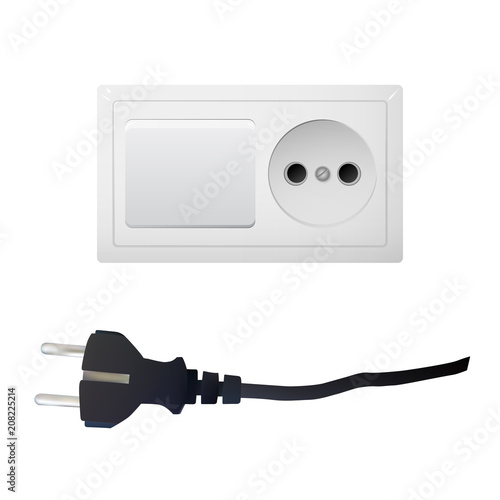 Electrical adapter with two outlet and switch. AC power plugs and sockets. Vector illustration.