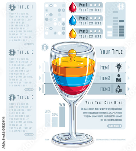 Creative infographics composition, 3d wineglass with three layered drink idea, cocktail, vector illustration.