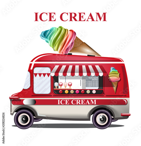 Ice cream stand vehicle Vector. Summer background. Birthday card or event posters