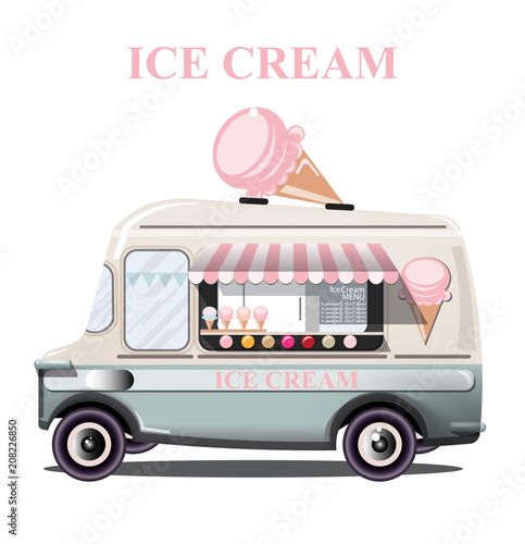 Ice cream stand vehicle Vector. Summer background. Birthday card or event posters