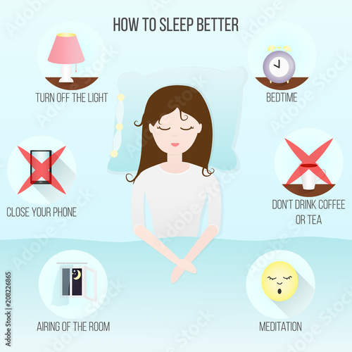 Cute young Girl sleeping on the Bed. The problem with insomnia. Sleep Vector infographics Illustration. Rules of healthy Sleep. Useful Tips for a good night's Sleep.