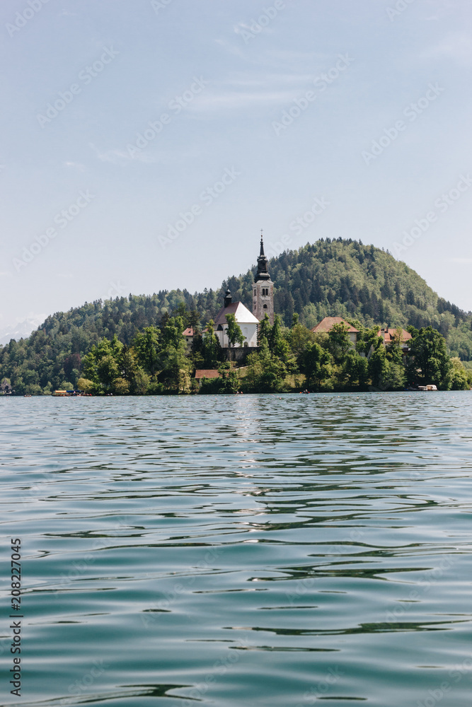 beautiful architecture and scenic lake in mountains, bled, slovenia