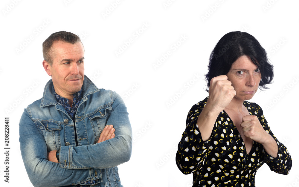 woman boxing and man stunned and looking woman boxing and man stunned and looking