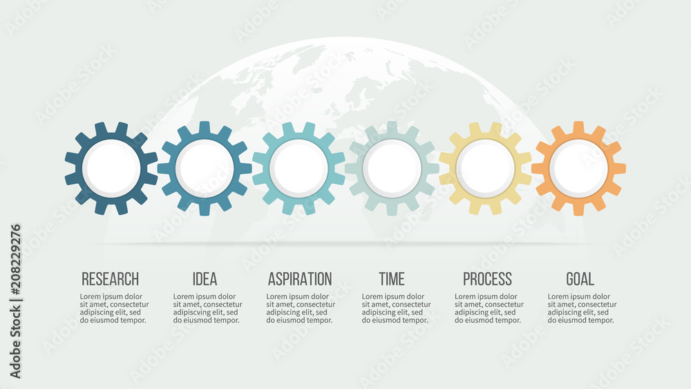 Business infographics. Timeline with 6 steps, options, gears. Vector template.