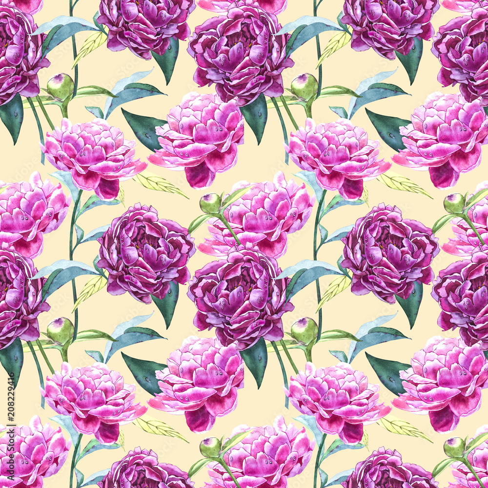 Seamless background with peony flowers. Watercolor illustration. Graphic hand drawn floral pattern. Textile fabric design.
