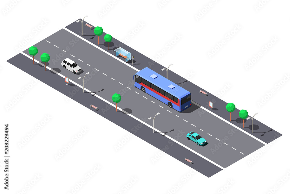 Plakat Ulica miejska z dwupasmową drogą i przystankiem autobusowym. Izometryczne ilustracji wektorowych