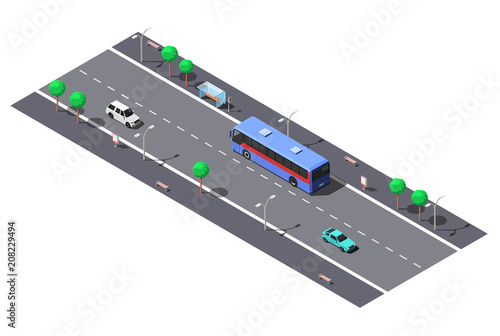 City street with 2-lane road and bus stop. Vector isometric illustration