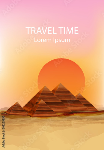 Sunset in the dessert Vector background. Hot summer sun over pyramids illustrations