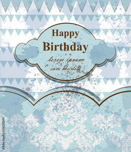 Happy birthday baby card Vector. delicate lace and clouds theme. blue colors