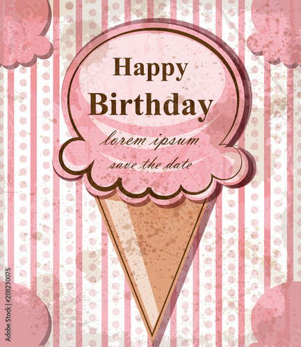 Happy birthday baby card with ice cream. Vector delicate pink vintage theme. ...