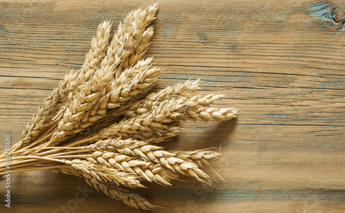 wheat on wooden rustic background. top view with copy space