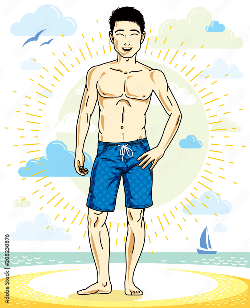 Handsome man posing on tropical beach in colorful shorts. Vector character. Summer holidays theme.