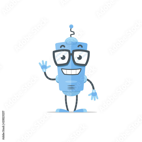 Happy Blue robot mascot cartoon illustration in flat style