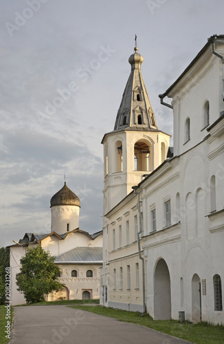 Holy Myrrhbearers church and cathedral belfry in Novgorod the Great (Veliky Novgorod). Russia