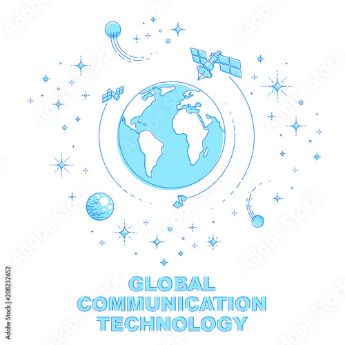 Earth in space, our planet in huge cosmos surrounded by artificial satellites, stars and other elements. Global communication technology theme. Thin line 3d vector illustration isolated on white.