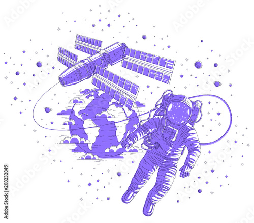 Astronaut went out into open space connected to space station and earth planet in background, spaceman floating in weightlessness and iss spacecraft, stars and other elements. Vector isolated.