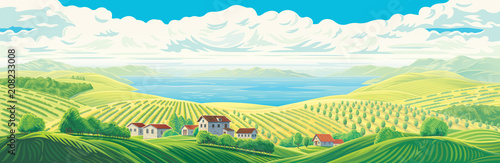 Rural panoramic landscape with a beautiful view of distant fields, wight village, gardens and plantations with a large water lake or sea.