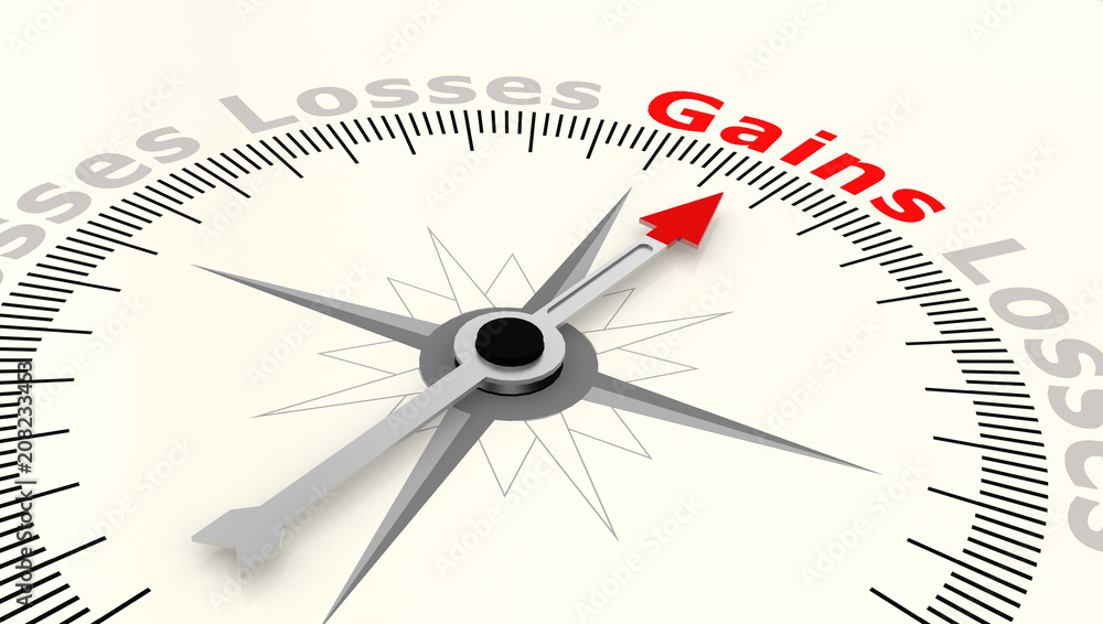 Compass with arrow pointing to the word gains Compass with arrow pointing to the word gains