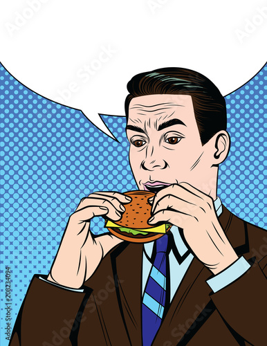 Vector colorful comic pop art style illustration of a hungry businessman eating a burger. Handsome guy in suit having lunch break