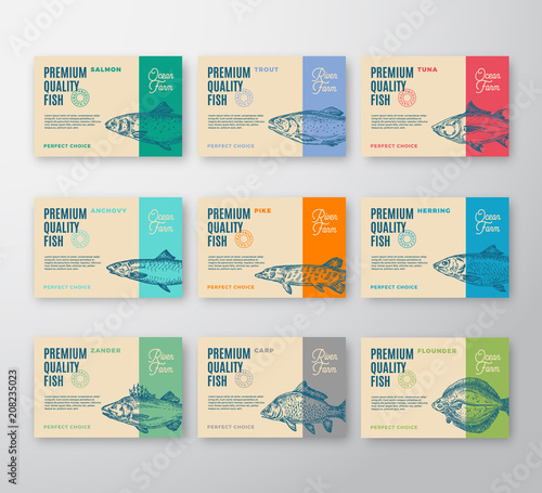 Premium Quality Fish Labels Collection. Abstract Vector Packaging Design or Label. Modern Typography and Hand Drawn Fish Silhouettes Background Layouts with Soft Shadows.