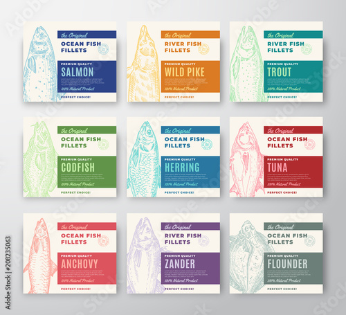 Premium Quality Fish Fillets Labels Collection. Abstract Vector Fish Packaging Design or Cards. Modern Typography and Hand Drawn Fishes Silhouette Background Layout.
