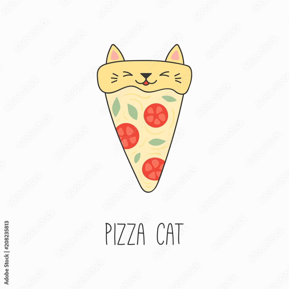 Hand drawn vector illustration of a kawaii funny pizza slice with cat ears.  Isolated objects on white background. Line drawing. Design concept for cat  cafe menu, children print. Stock Vector | Adobe