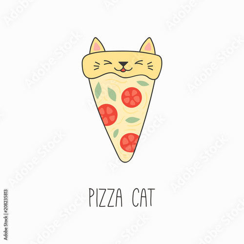 Hand drawn vector illustration of a kawaii funny pizza slice with cat ears. Isolated objects on white background. Line drawing. Design concept for cat cafe menu, children print.