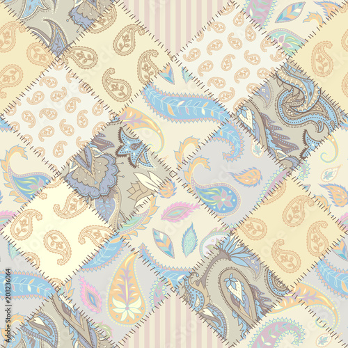 Seamless background pattern. Patchwork pattern of a rhombuses with Paisley ornament patterns. Vector image.
