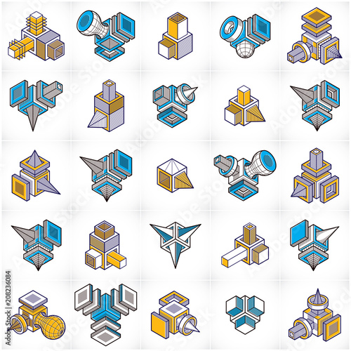 Abstract three dimensional shapes set, vector designs.