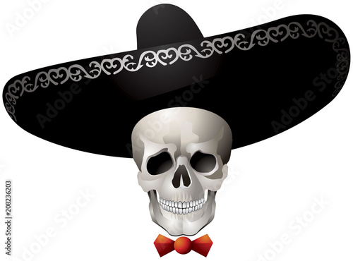 Skull wearing a sombrero, Day of the Dead Calaca, Mexican holiday character realistic vector illustration