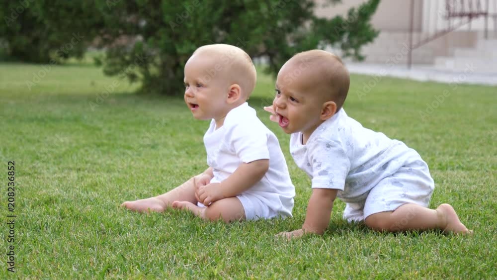 Happy childhood - two funny twin baby boys brothers play on backyard green lawn Happy childhood - two funny twin baby boys brothers play on backyard green lawn