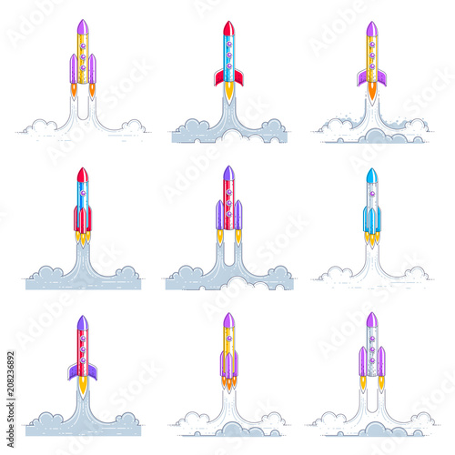 Rockets launch into undiscovered space. Explore universe, breathtaking space science. Thin line 3d vector illustrations set isolated on white.