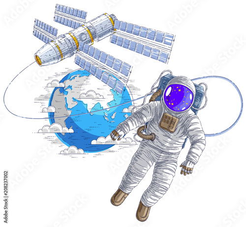 Spaceman flying in open space connected to space station and earth planet in background, astronaut man or woman in spacesuit floating in weightlessness and iss spacecraft behind him. Vector.