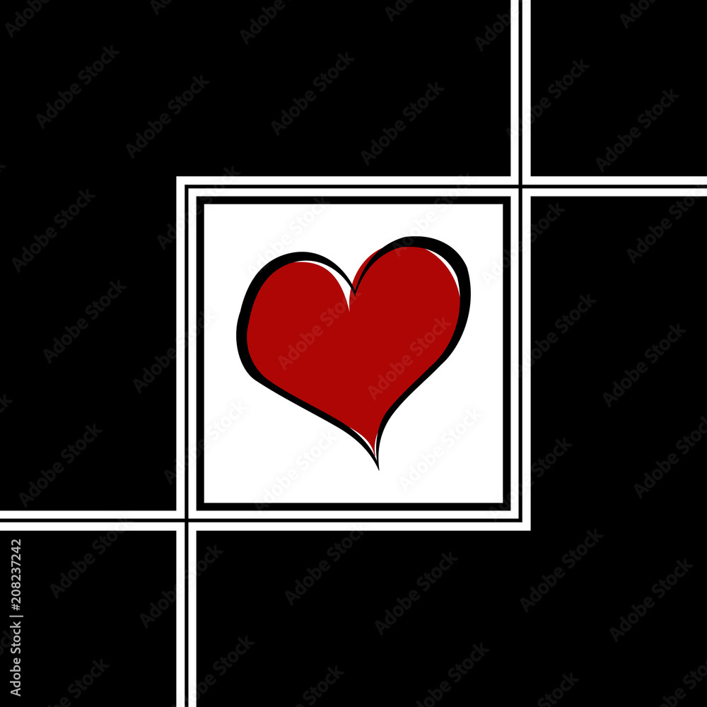 Red heart illustration in white and black square shapes for Valentine's Day on black background Red heart illustration in white and black square shapes for Valentine's Day on black background