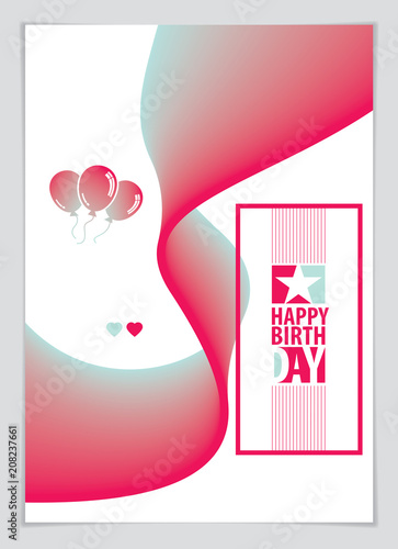 Birthday vector greeting card. Includes lettering composition and balloons combined with wavy fluid colorful shape abstract background. A4 format with CMYK colors acceptable for print.