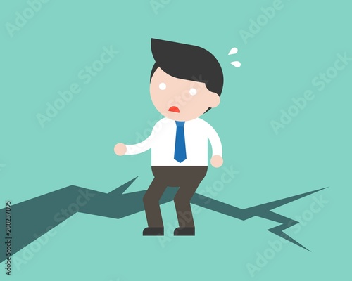 Fear Businessman stand on earth ground crack, unstable concept flat design illustration