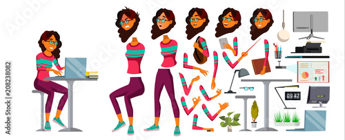 Office Worker Vector. Woman. Happy Clerk, Servant, Employee. Arab, Saudi Business Woman Person. Lady Face Emotions, Various Gestures. Animation Creation Set. Flat Character Illustration