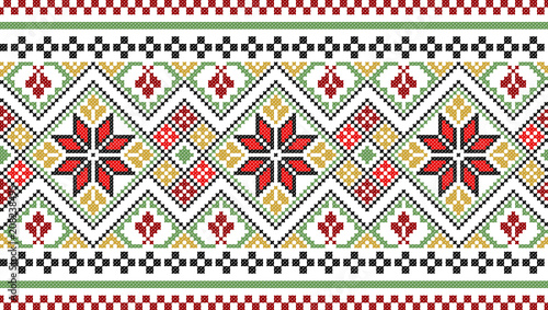 Embroidered old handmade cross-stitch ethnic Ukrainian pattern. Towel with ornament, called rushnyk in vector