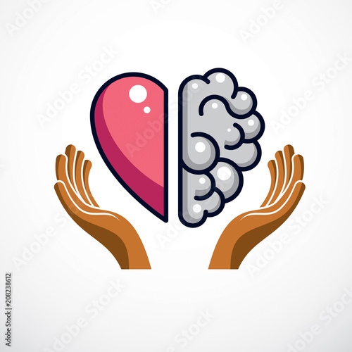 Heart and Brain concept, conflict between emotions and rational thinking, teamwork and balance between soul and intelligence. Vector logo or icon design.