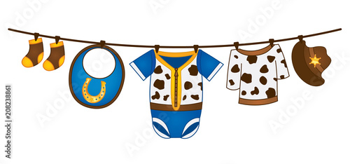 Vector Baby Boy Clothes in Cowboy Style Hanging on the Line